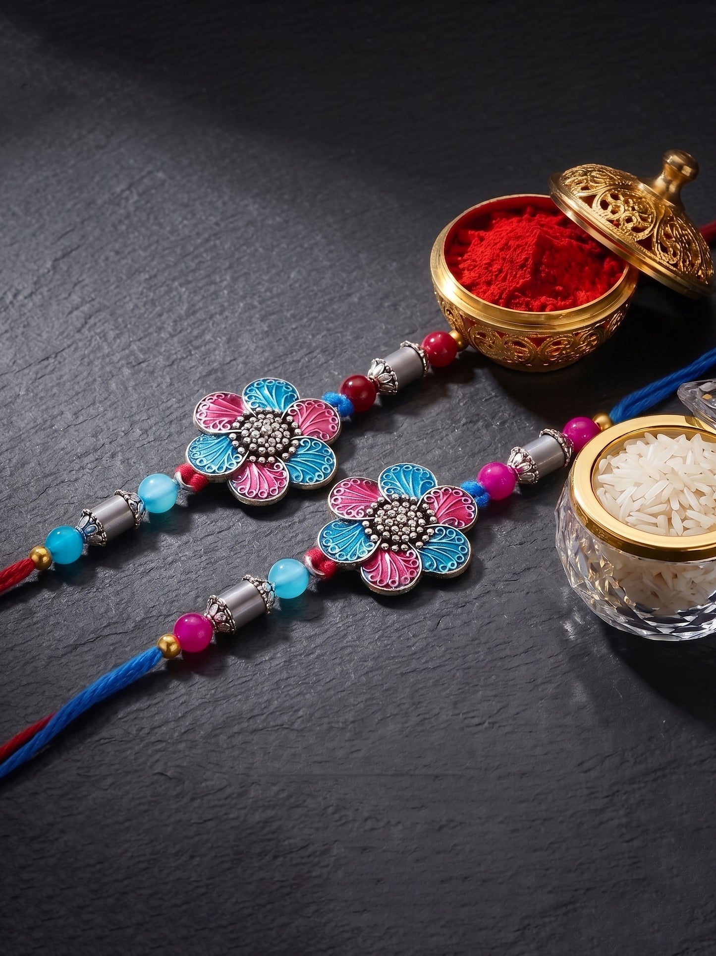 Set of 2 Designer Floral Rakhi for Brother with Metallic, Blue & Maroon Enamel, Roli & Chawal (106-CHR1-1967-RF-S-2-2026)