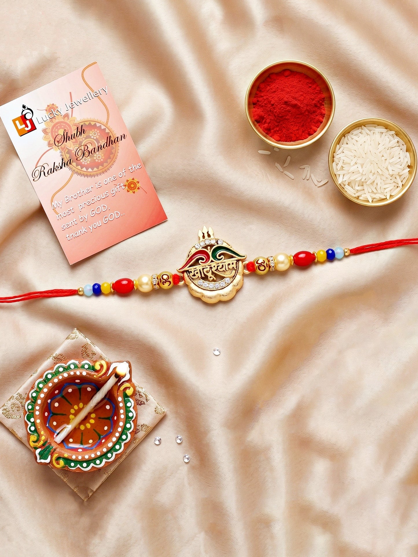 Divine Khatu Shyam & Trishul Om Beaded Rakhi Set For Brother with Roli Chawal & Card (72-S5R1-AR2970)