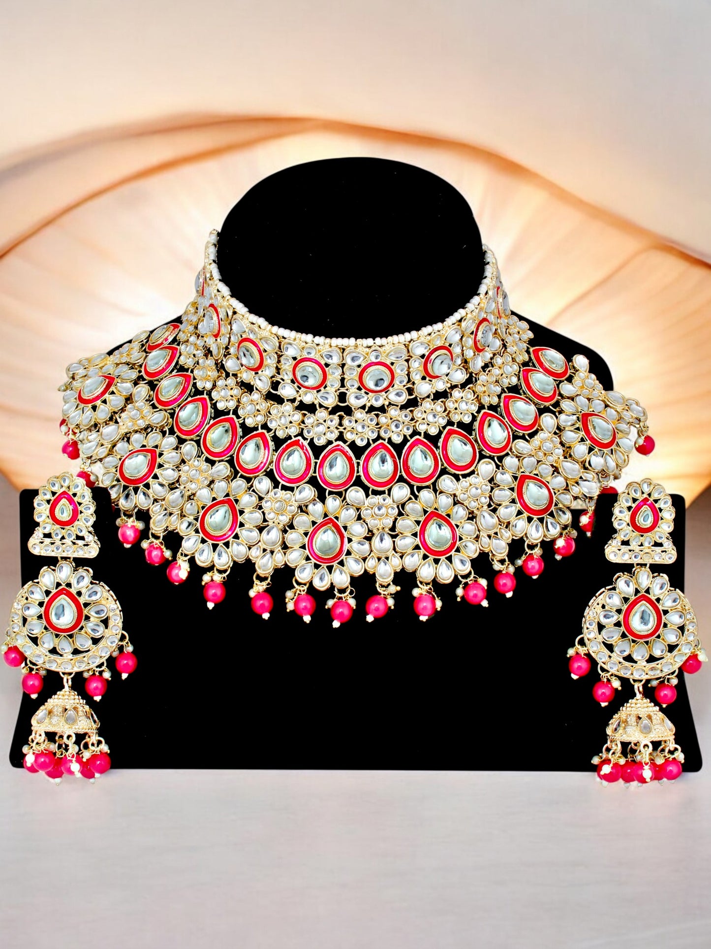 Bridal Kundan Red Heavy Choker Jewellery Set with Hathphool & Nath (2640-IZK-551-R)