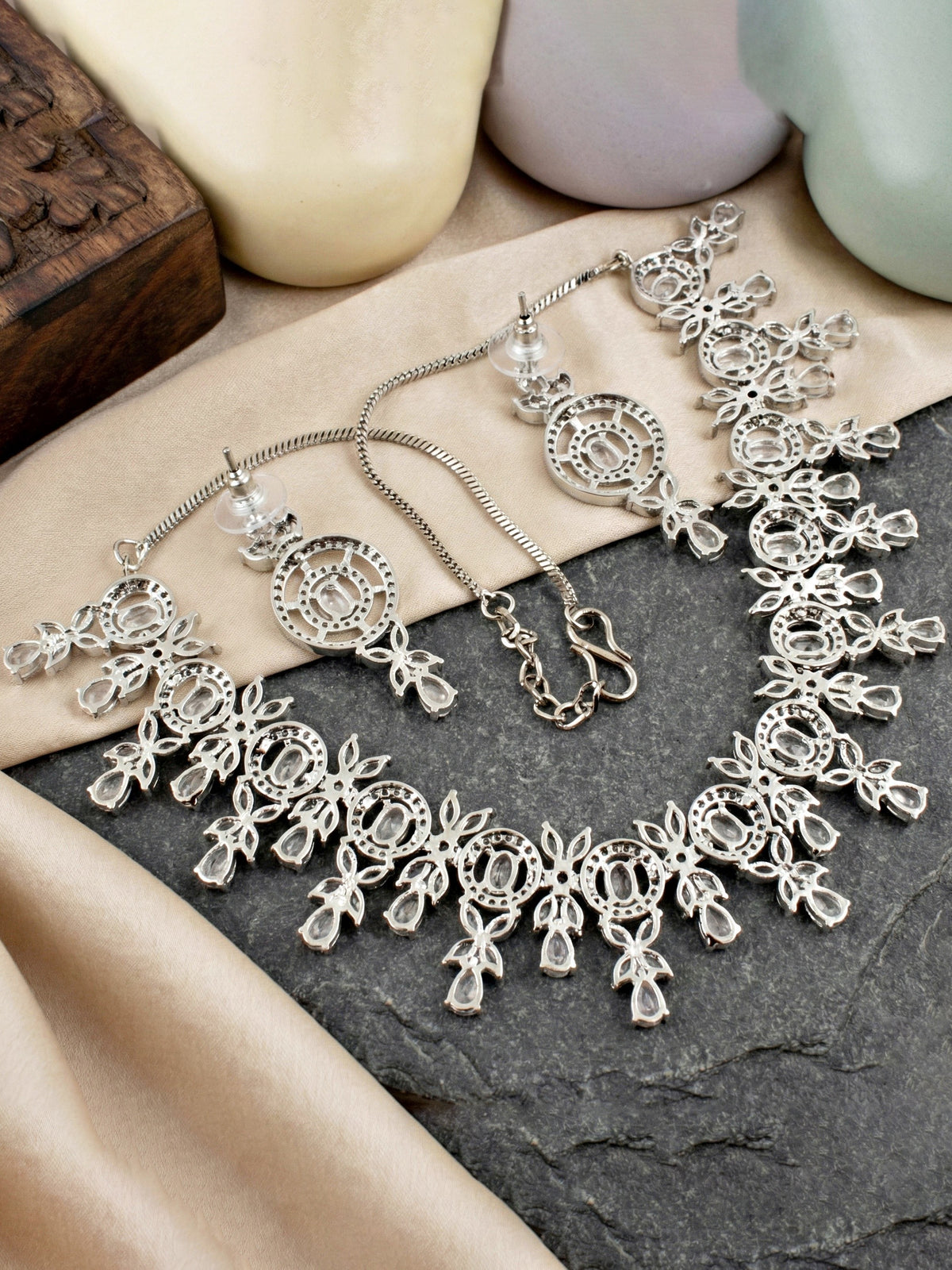 Silver-Tone White Stone & American Diamond Necklace Set with Earrings for Women – Office, Party & Function Wear (1717-K4SA-2242-W-S)