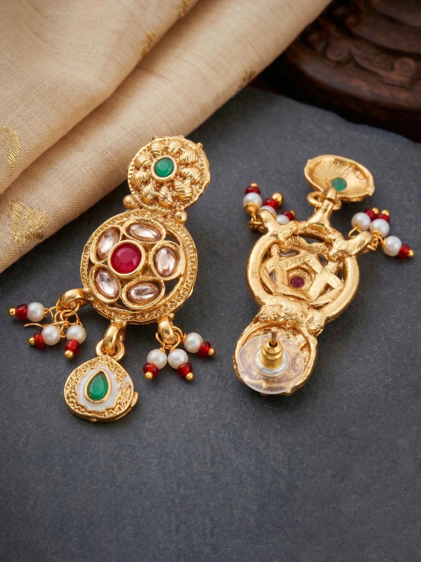 Lucky Jewellery Gold-Plated Ruby & Green Color Necklace Set (750-G2SR-268-RG)