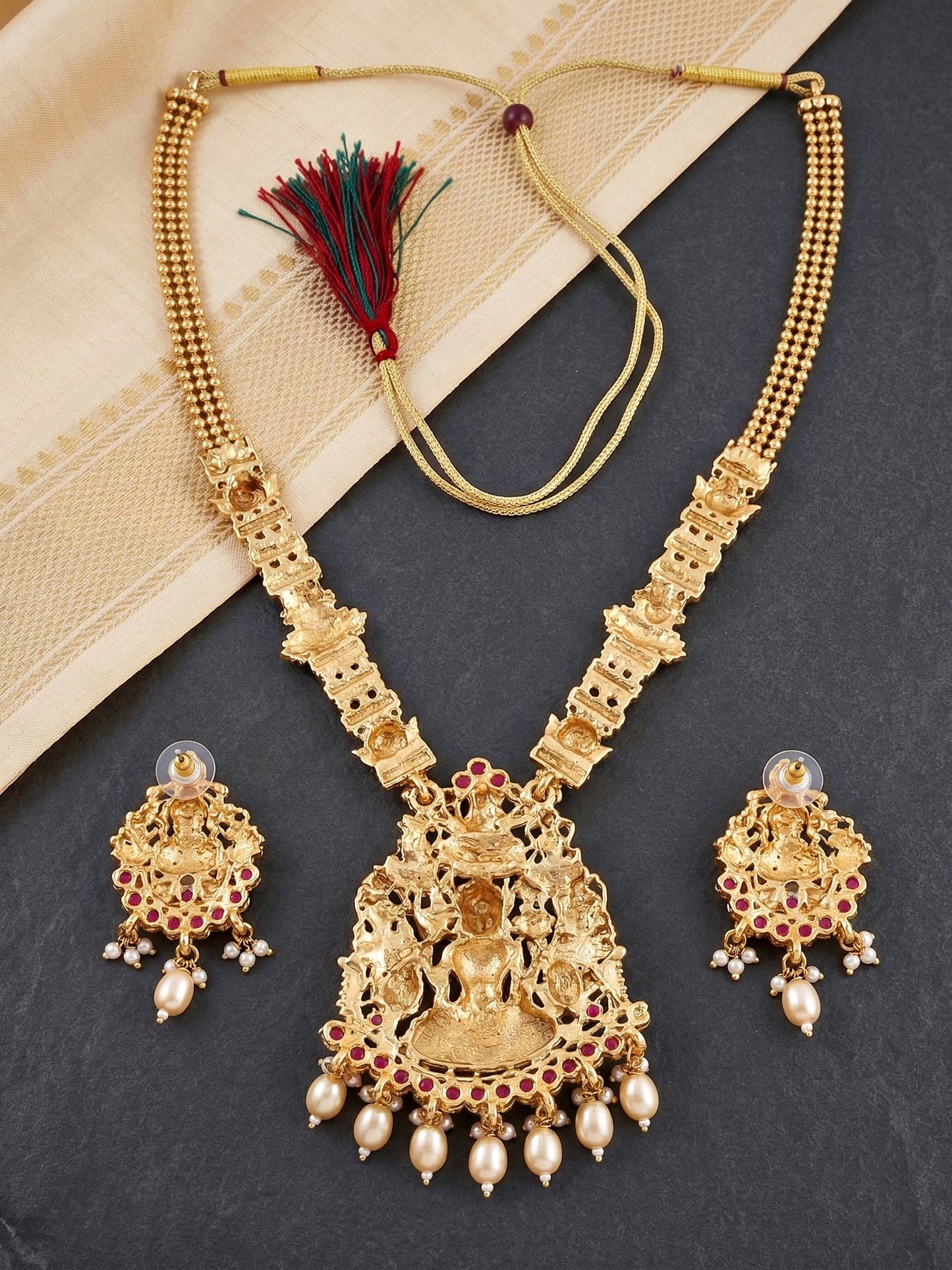 Lucky Jewellery Gold-Plated Laxmi Idol Temple Ruby Color Necklace Set (660-G2SR-196-R)