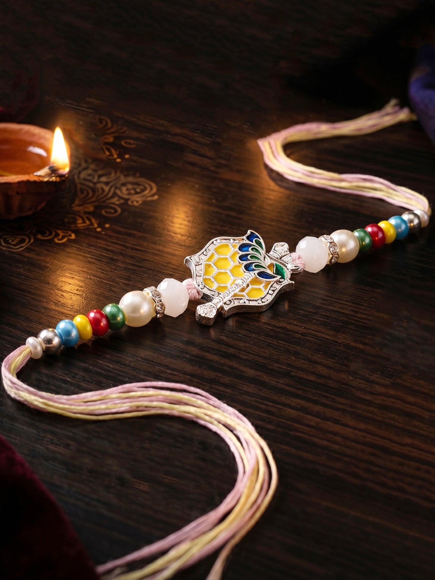 Silver-Finish Krishna Flute Bansuri Mor Pankh Beaded Rakhi Set For Brother | Roli Chawal, Card (132-S5R1-AR2770)