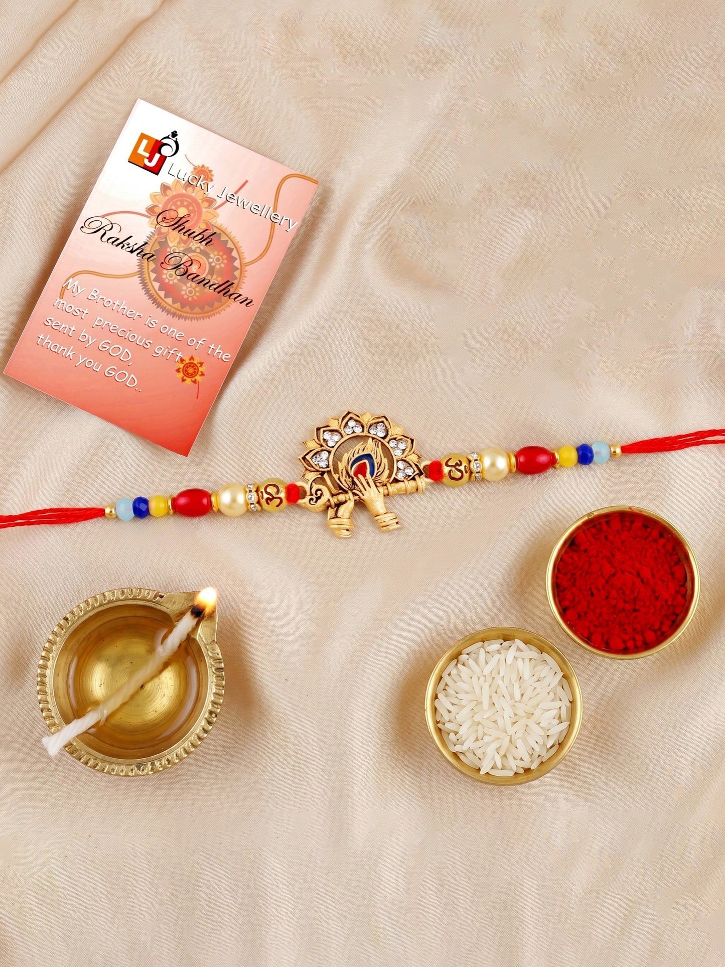 Designer Krishna Flute & Peacock Rakhi Set For Brother | Roli Chawal And Card (72-S5R1-AR2934)