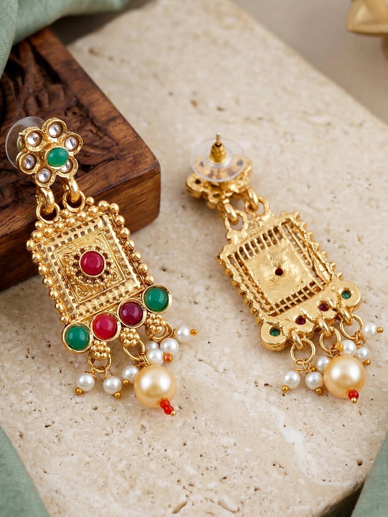 Lucky Jewellery Gold-Plated Ruby & Green Color Long Necklace Set (732-G2SR-192-RG)