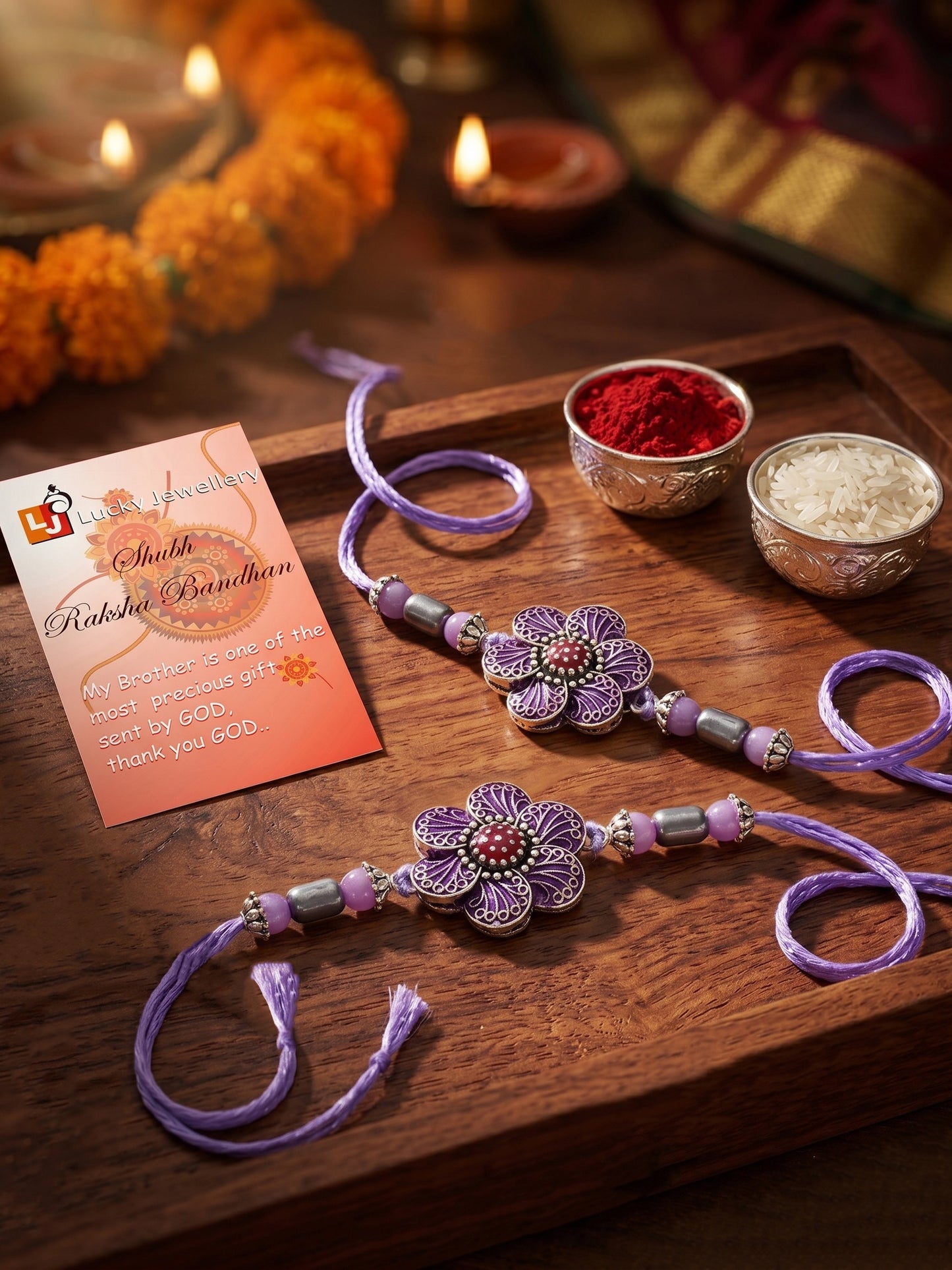 Set of 2 Purple Floral Rakhi for Brother with Silver Accents, Lavender Beads, Roli & Chawal & Card (106-CHR1-1967-P-S-2-2026)