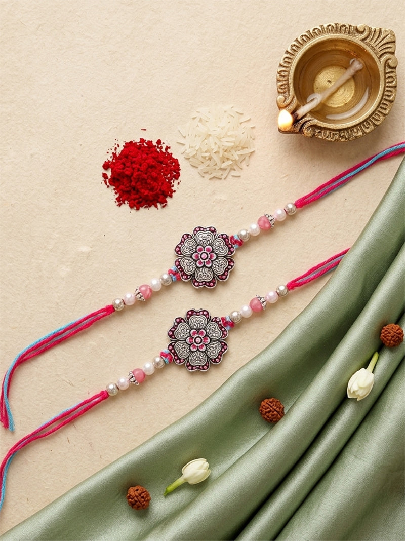 Set of 2 Magenta Floral Rakhi for Brother with pink Accents, Beads, Roli Chawal & Card (108-CHR1-1966-R-S-2-2026)