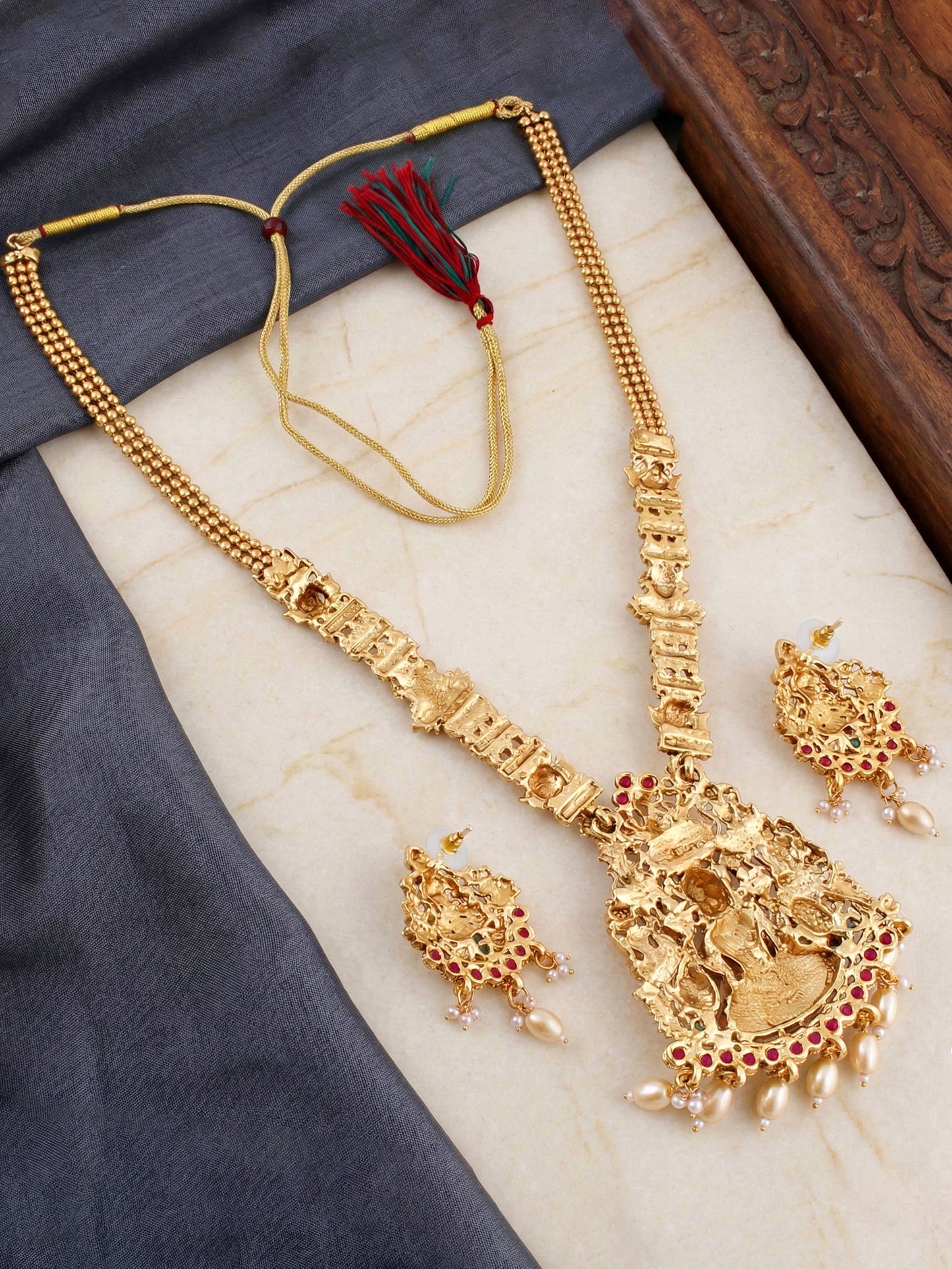 Lucky Jewellery Gold-Plated Laxmi Idol Temple Ruby & Green Color Necklace Set (660-G2SR-196-RG)
