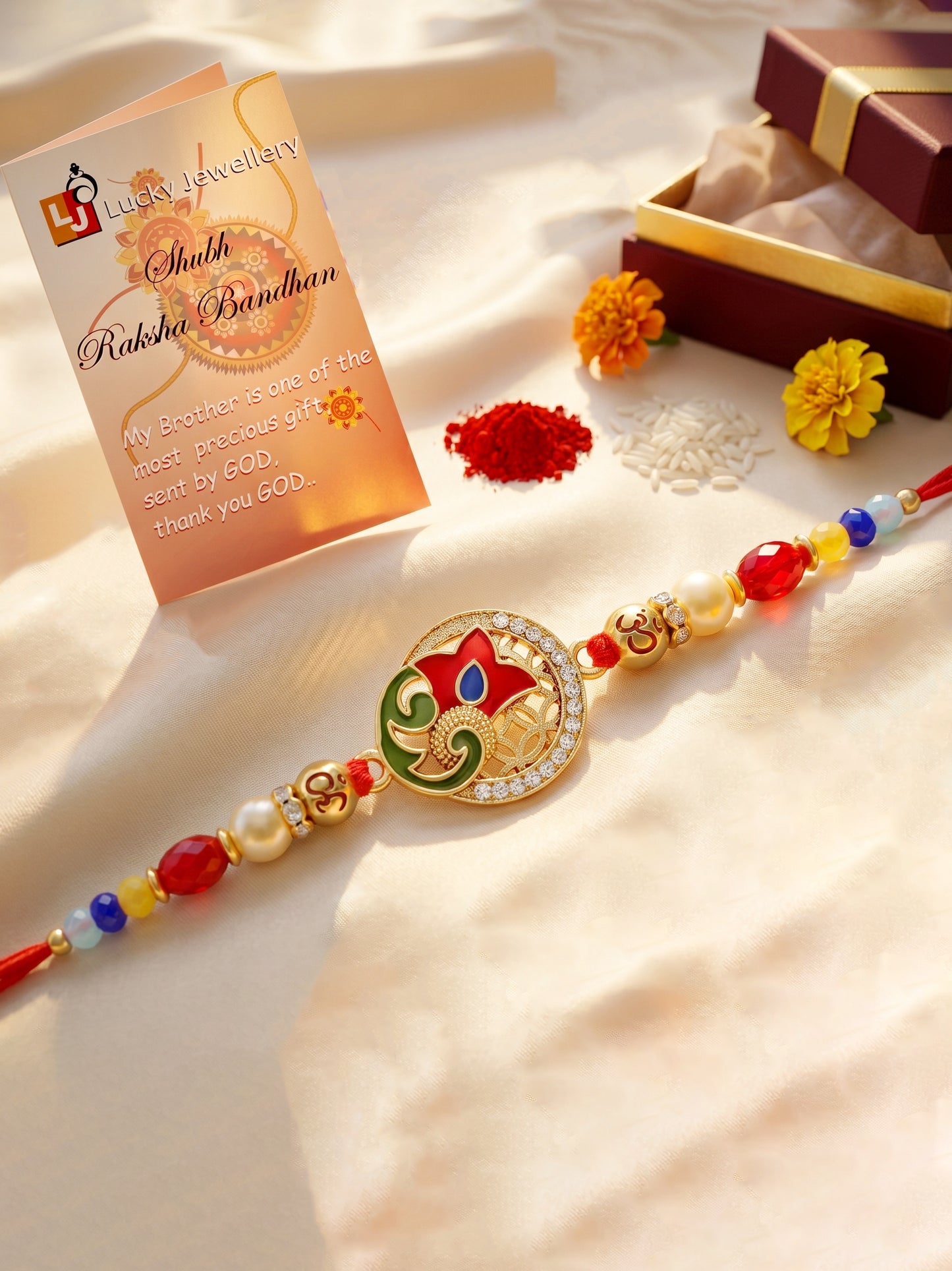 Designer Floral Enamel Multicolour Beaded Rakhi For Brother With Roli Chawal & Card (72-S5R1-AR2919)