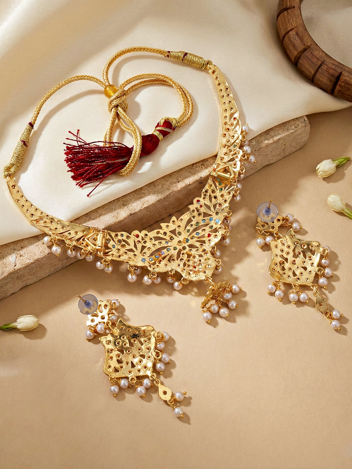 Gold Plated Navratan Necklace Set with Earrings | Multicolor Stone & Pearl Drops Traditional Bridal Jewellery for Women (924-CSN-C575-MT)