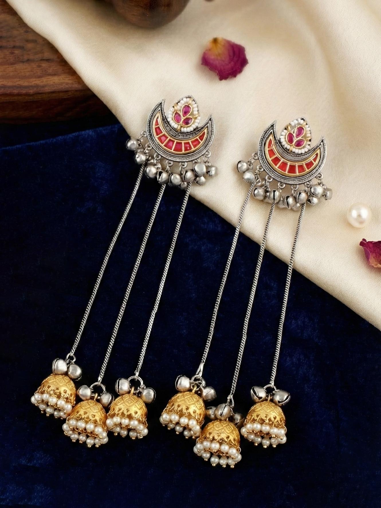LUCKY JEWELLERY Oxidized Silver Kashmiri Earrings with Magenta Stone, Triple Chain Layer & Triple Gold Jhumka |Black Metal Chandbali Style Earring Set for Girls & Women | Wedding, Festival & Gift Wear