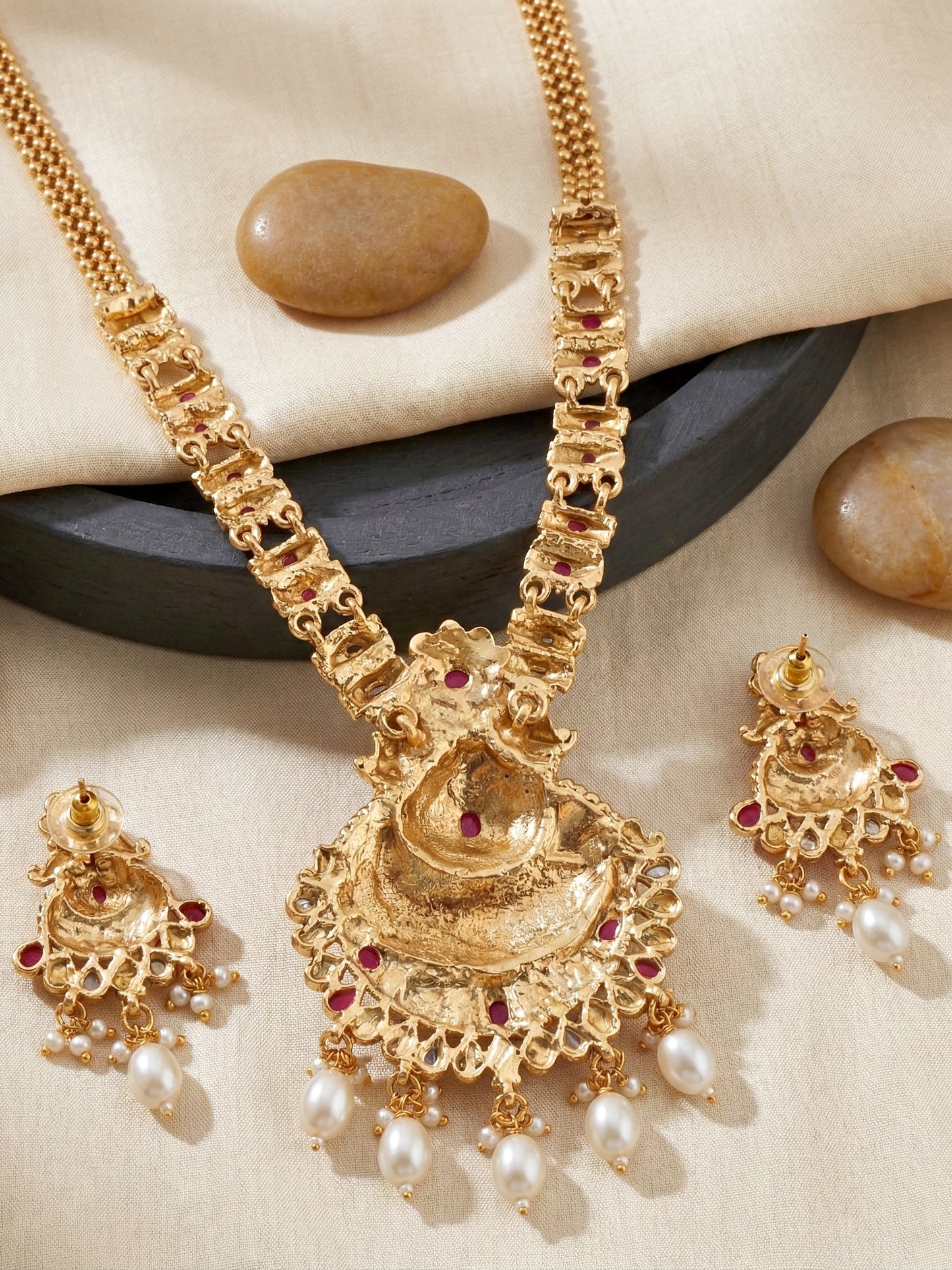 Lucky Jewellery Gold-Plated Ruby Color Long Necklace Set (660-G2SR-203-R)
