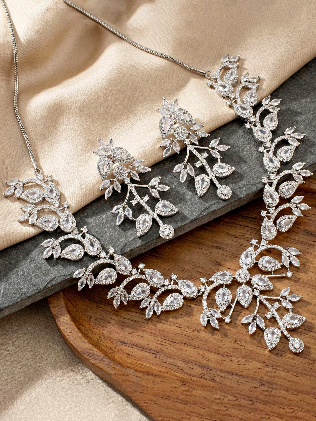 Silver-Tone White Stone & American Diamond Necklace Set with Earrings for Women – Office, Party & Function Wear (1948-K4SA-2241-W-S)