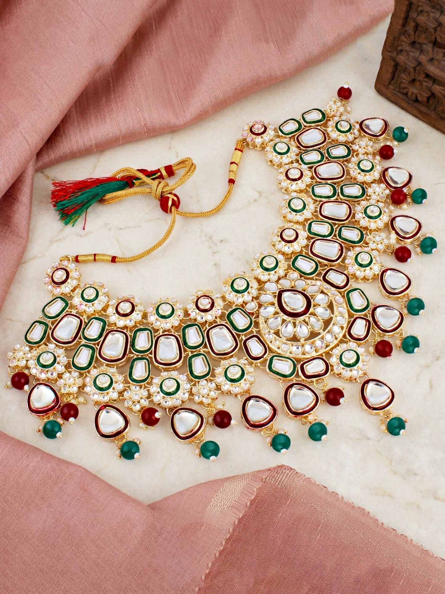Bridal Kundan Multicolor Choker Jewellery Set with Hathphool & Nath (2541-IZK-554-MG)
