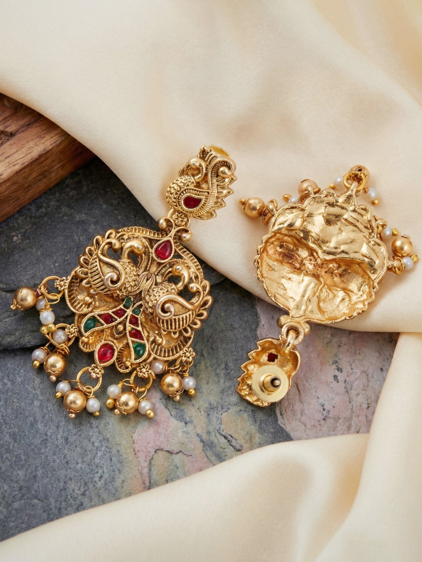 Antique Gold Plated South Indian Temple Jewelry Layered Set | Goddess Lakshmi Choker & Long Necklace with Matching Earrings for Women (3317-ISR-2184-RG)