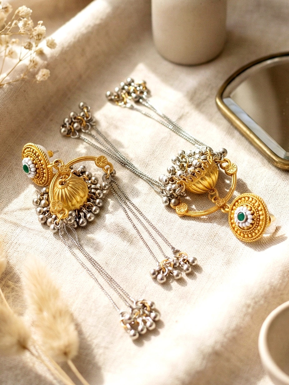 LUCKY JEWELLERY Trendy Celebrity Inspired Oxidised Silver Pink Stone Long Dangler Earrings For Girls & Women | Antique Silver Jhumkee Earing Set | Birthday Gift Earrings Valentine Anniversary Gift