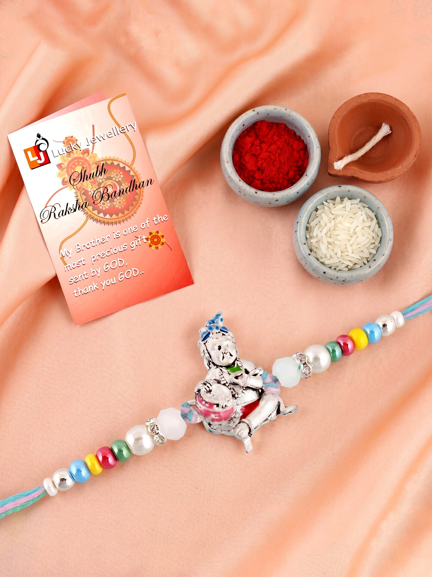 Silver-Tone Bal Gopal Makhan Chor Beaded Rakhi For Brother With Roli Chawal & Card (102-S5R1-AR2727)
