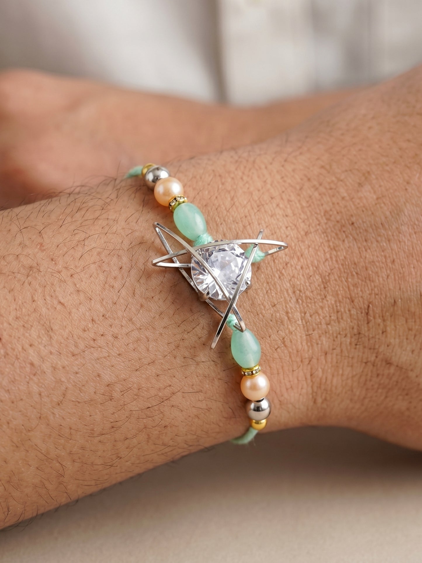 Set of 2 Rakhi with Silver Geometric AD Pendant, Pastel Beads, Roli Chawal & Card (225-CHR1-1004C-S-2-2026)