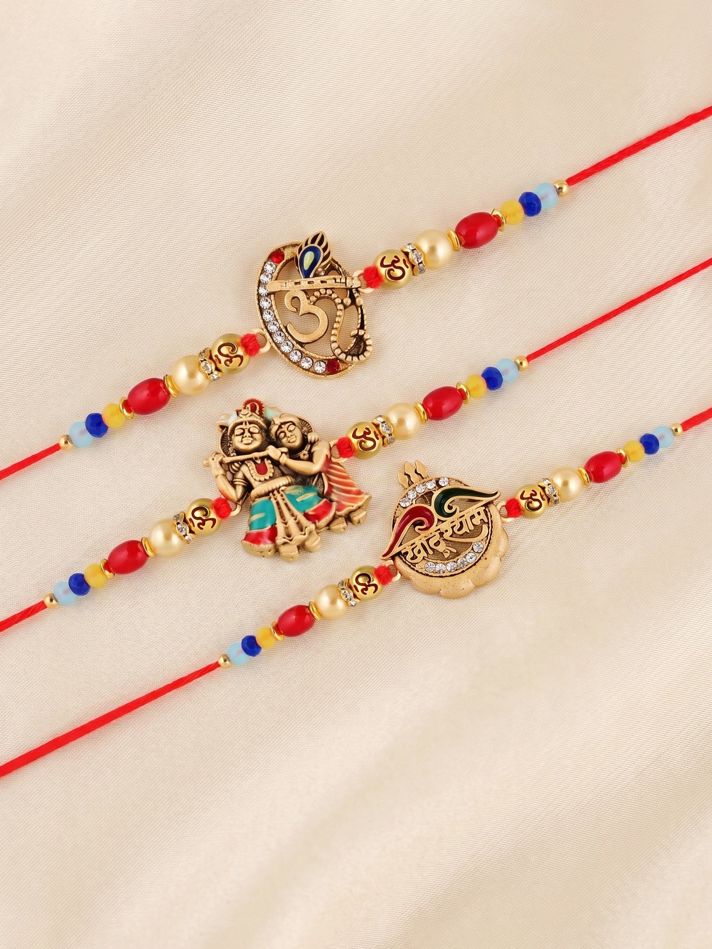 Set of 5 Traditional Divine Rakhis for Bhai | Beaded Radha Krishna & Khatu Shyam Threads | Raksha Bandhan Gift Set with Roli, Chawal & Greeting Card (360-S5R1-2306-5)