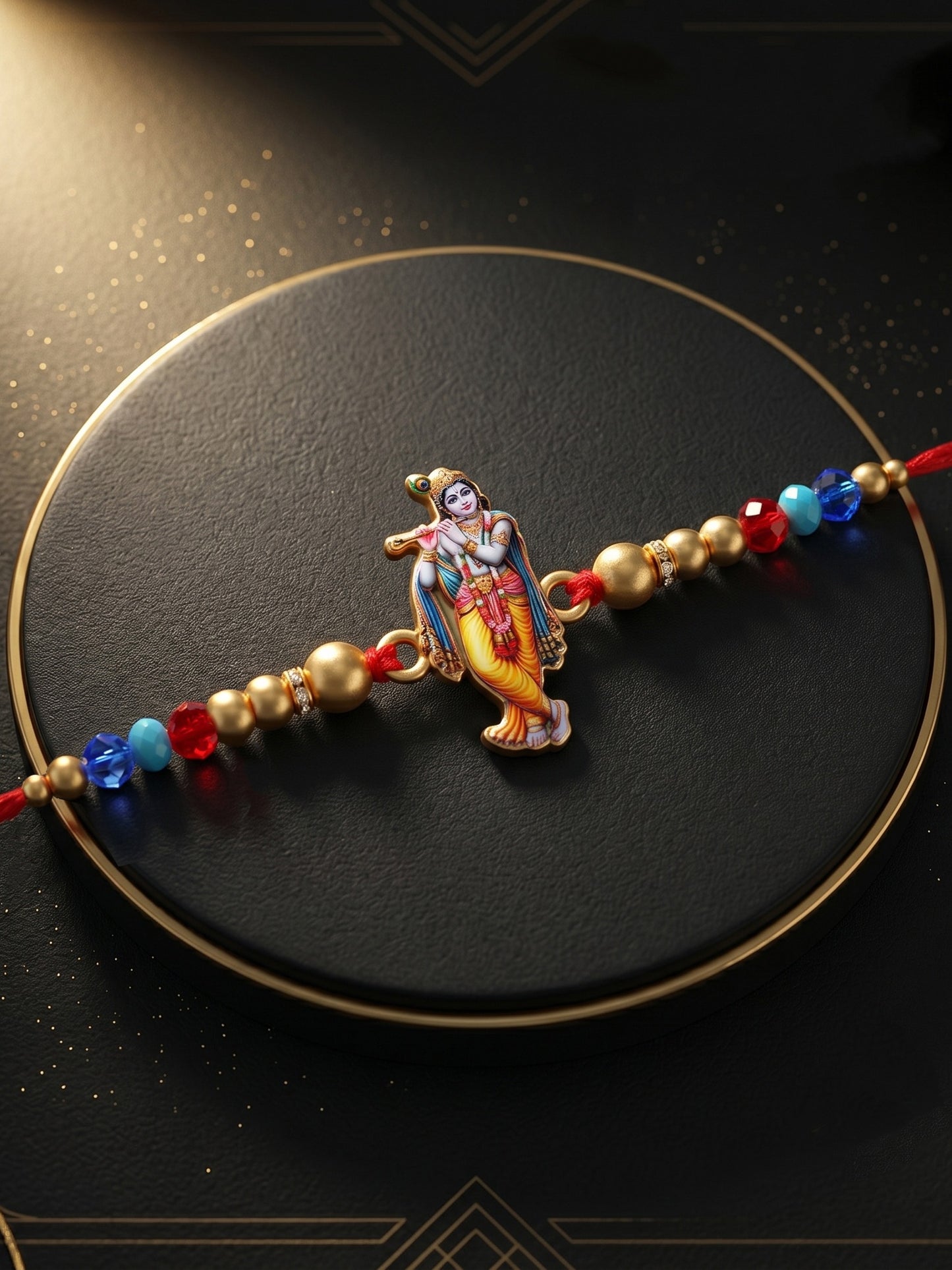 Spiritual Flute-Playing Krishna Beaded Rakhi Set For Brother With Roli Chawal & Card (84-S5R1-JCP328)
