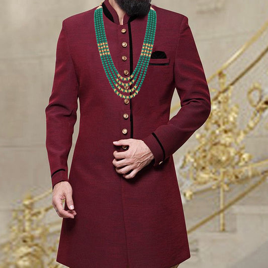 लकी ज्वेलरी डिज़ाइनर वेडिंग मल्टी स्ट्रैंड ग्रीन कलर दुल्हा हार लेयर्ड पर्ल महाराजा हार दूल्हे का नेकलेस सेट पुरुषों के लिए (554-M6DM-1014-G)