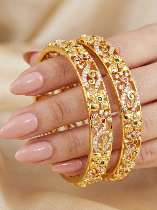 Gold-Plated Floral Temple AD Pink Green Bangle (1033-C1BG-2213-2)