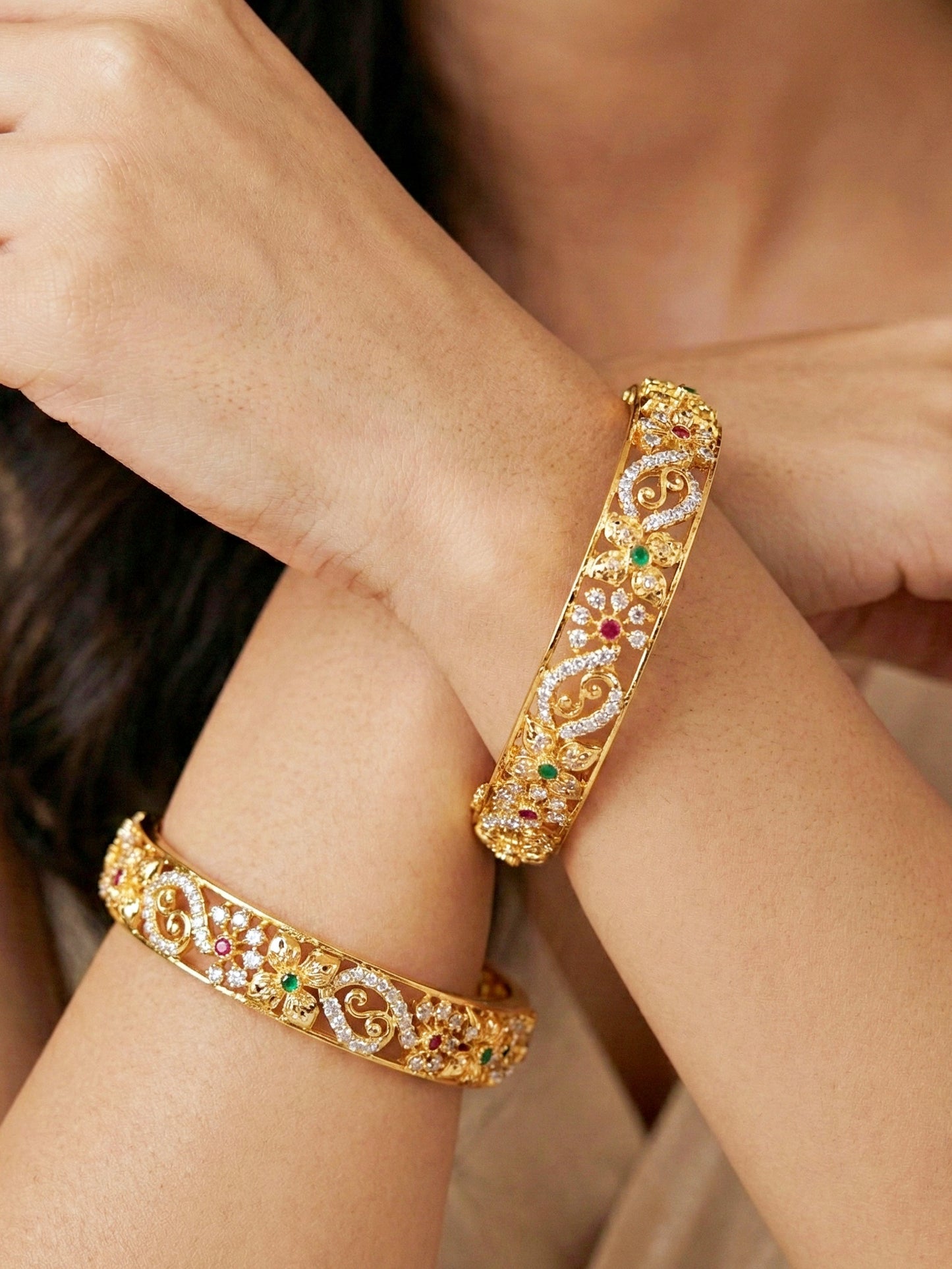 Gold-Plated Floral Temple AD Pink Green Bangle (1033-C1BG-2213-2)