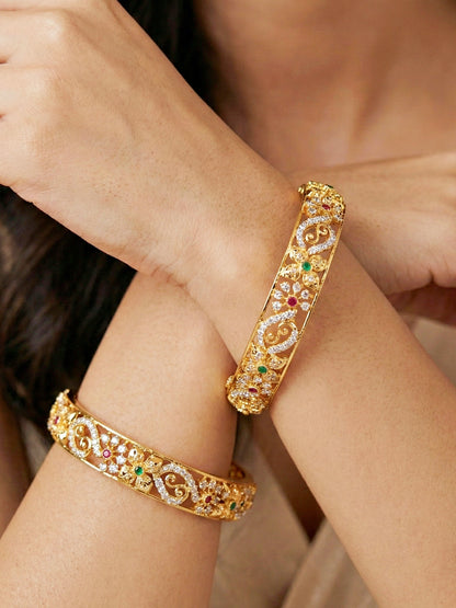 Gold-Plated Floral Temple AD Pink Green Bangle (1033-C1BG-2213-2)