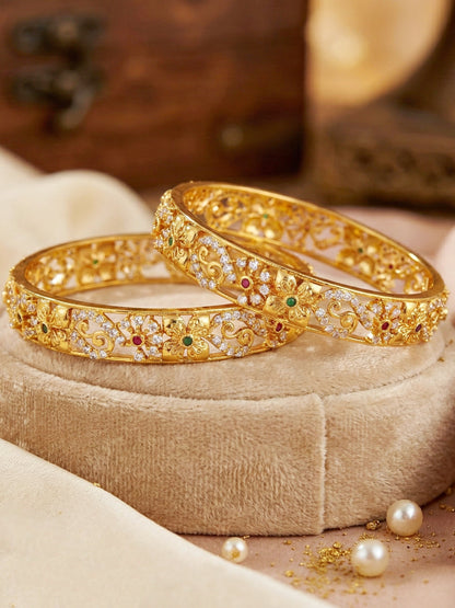 Gold-Plated Floral Temple AD Pink Green Bangle (1033-C1BG-2213-2)
