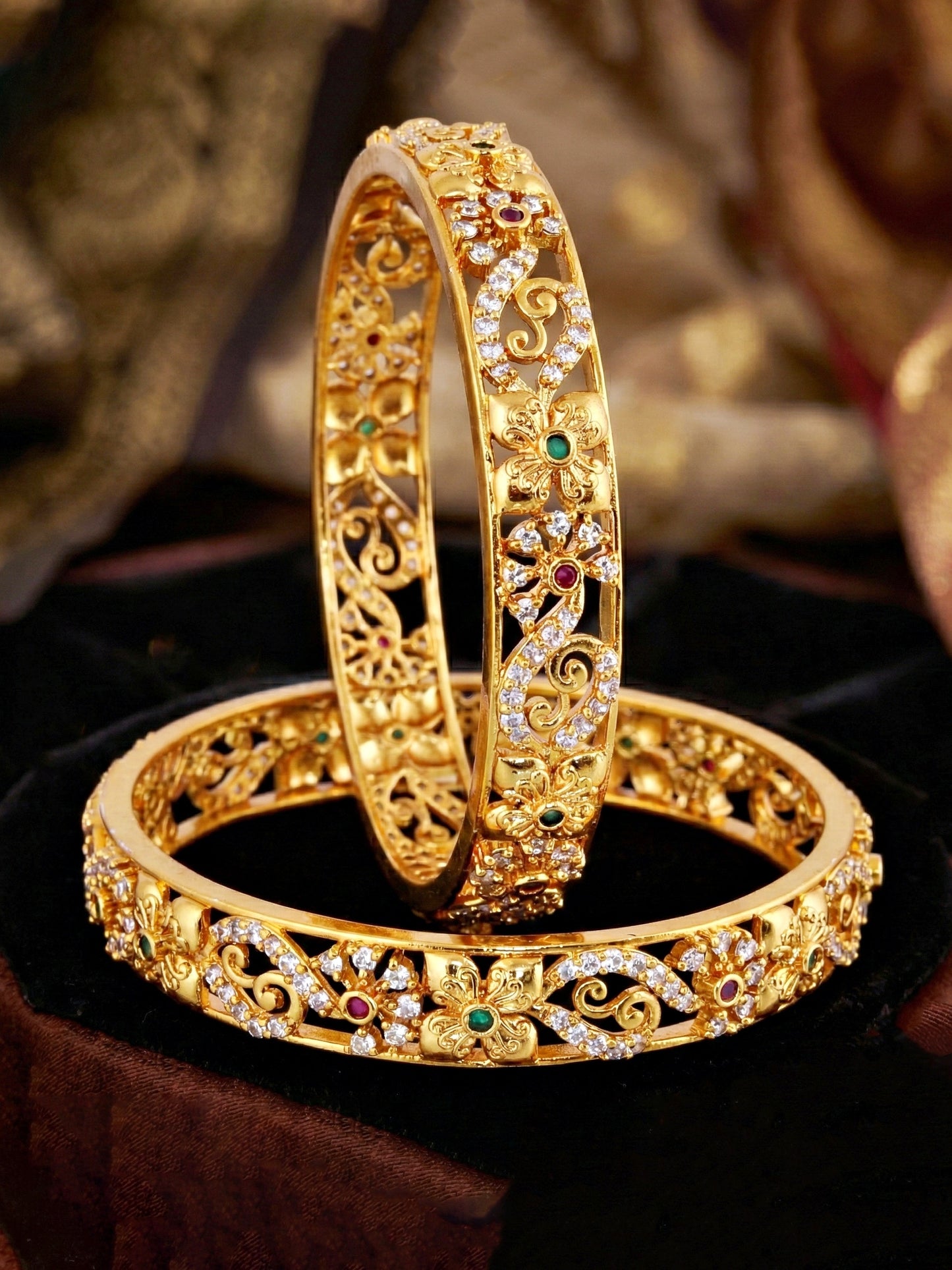 Gold-Plated Floral Temple AD Pink Green Bangle (1033-C1BG-2213-2)