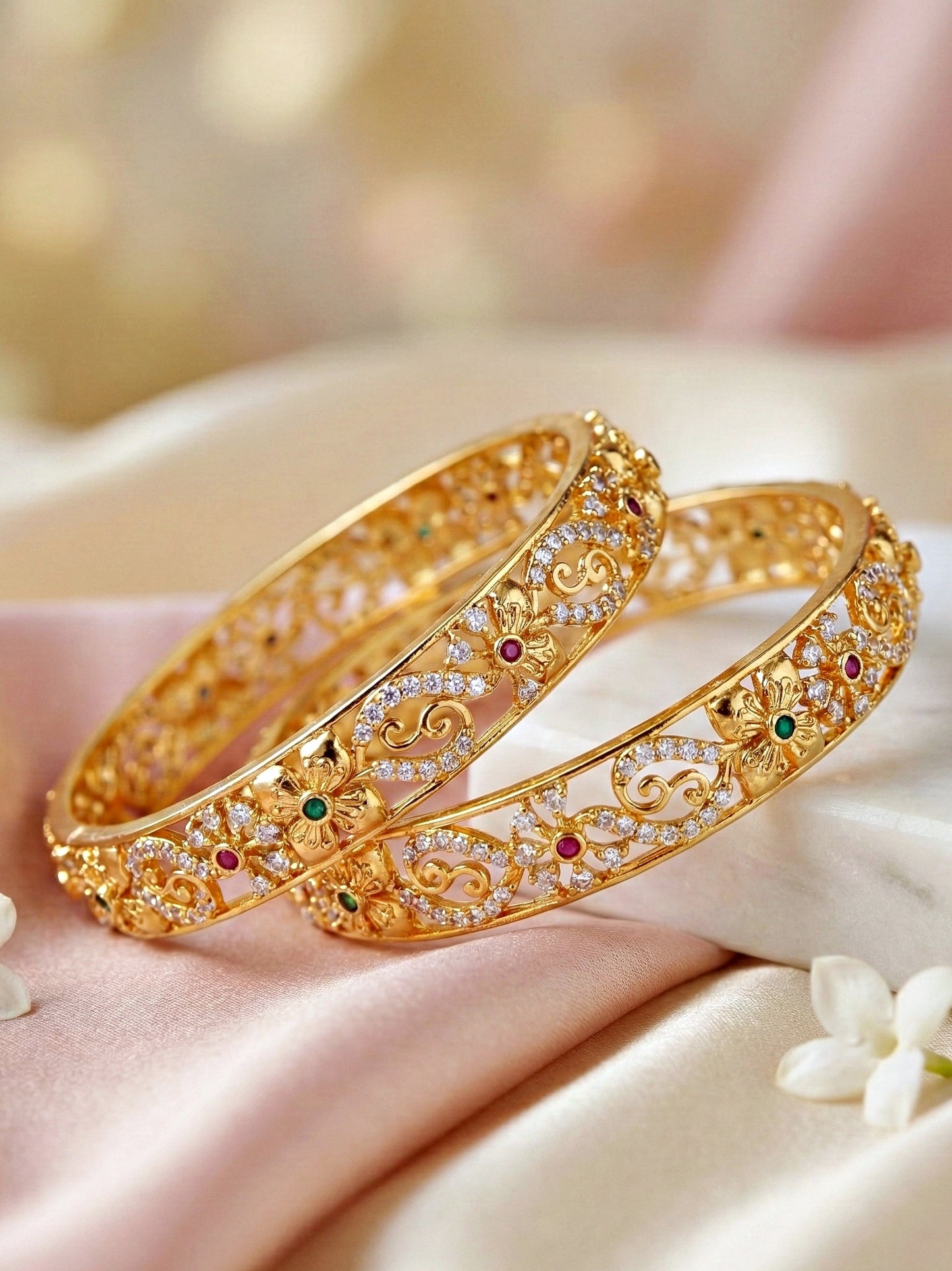Gold-Plated Floral Temple AD Pink Green Bangle (1033-C1BG-2213-2)