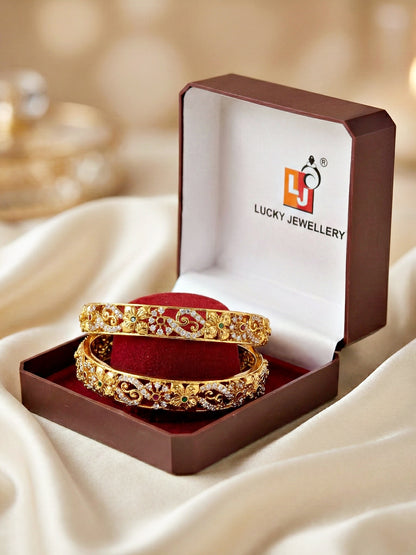 Gold-Plated Floral Temple AD Pink Green Bangle (1033-C1BG-2213-2)