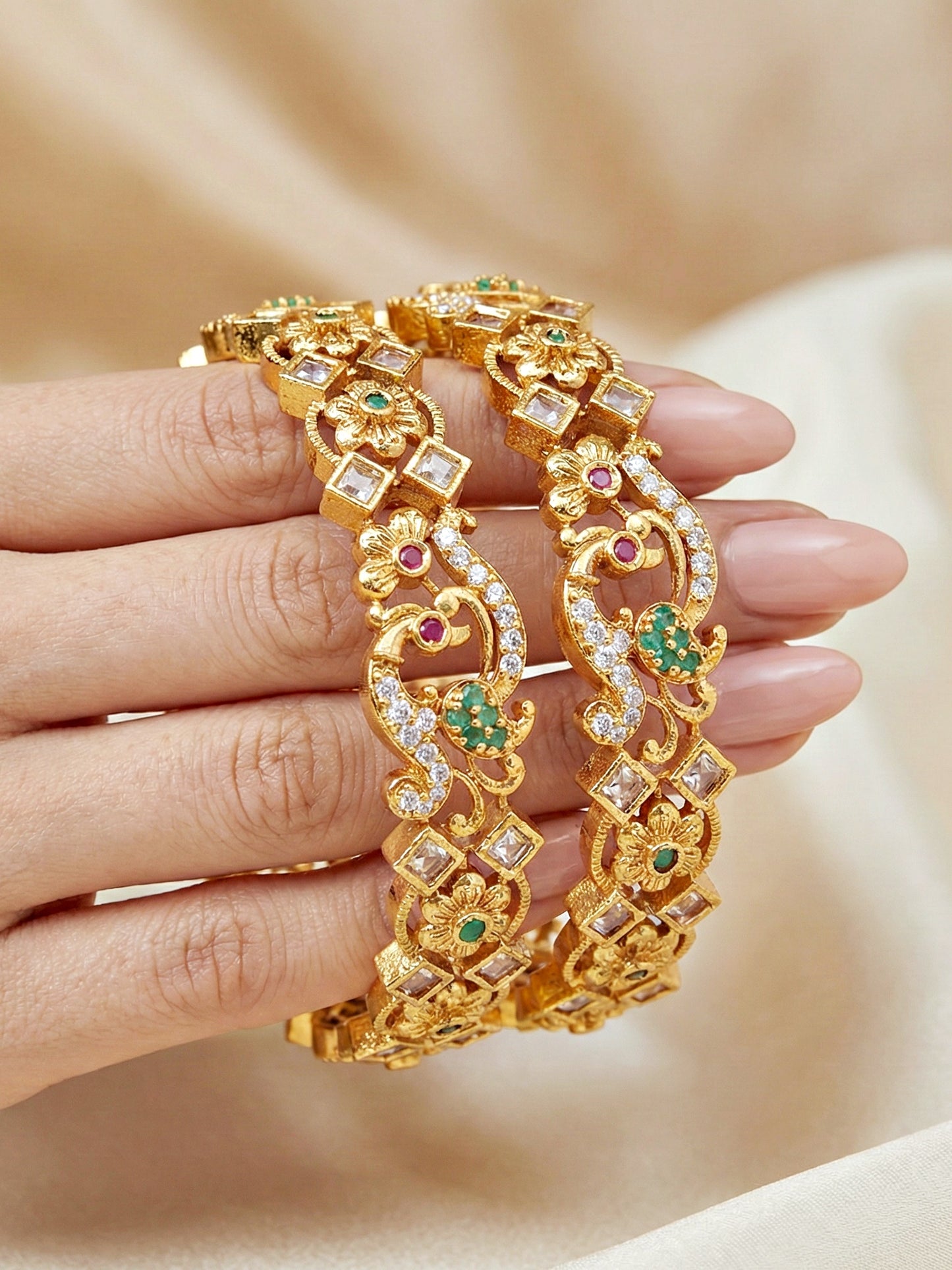 Gold-Plated Peacock AD Pink Green Bangle (1049-C1BG-2214-2)
