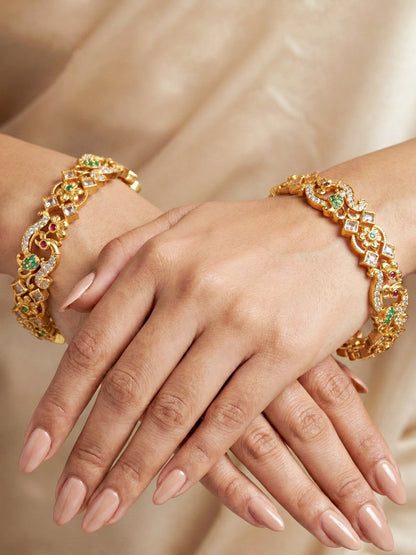 Gold-Plated Peacock AD Pink Green Bangle (1049-C1BG-2214-2)