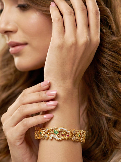Gold-Plated Peacock AD Pink Green Bangle (1049-C1BG-2214-2)