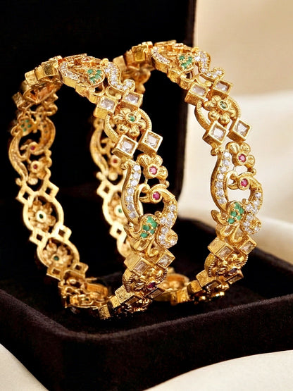 Gold-Plated Peacock AD Pink Green Bangle (1049-C1BG-2214-2)