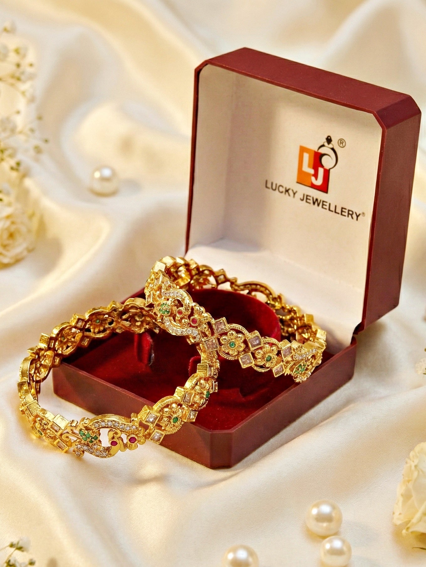 Gold-Plated Peacock AD Pink Green Bangle (1049-C1BG-2214-2)