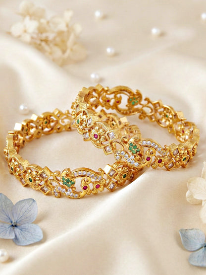 Gold-Plated Peacock AD Pink Green Bangle (1049-C1BG-2214-2)