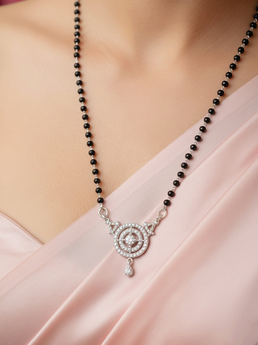 Silver Plated AD Stone Mangalsutra with Black Beads for Women