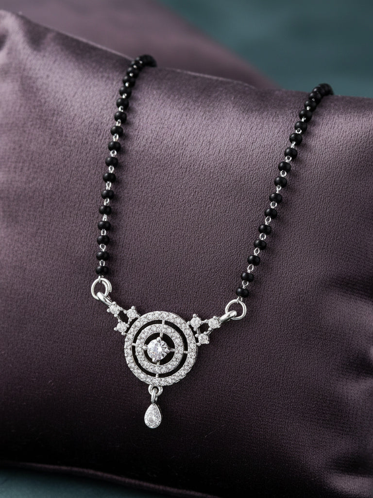 Silver Plated AD Stone Mangalsutra with Black Beads for Women
