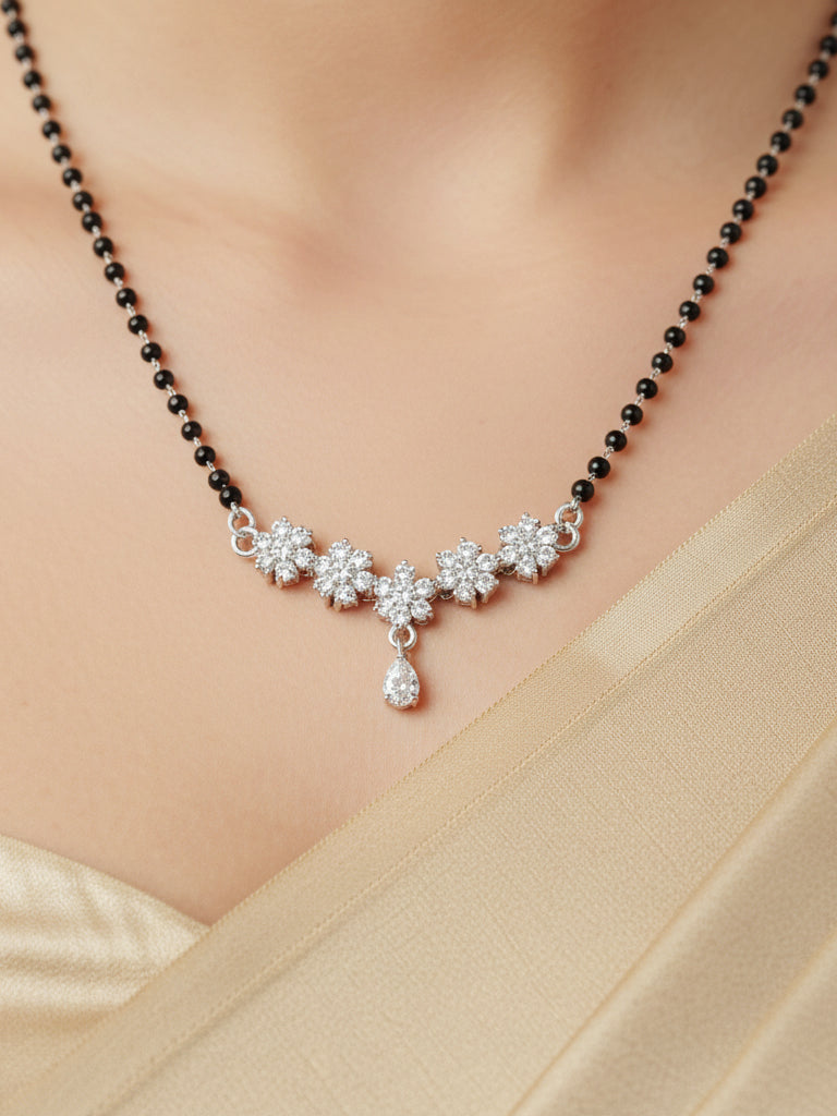 Silver Plated AD Stone Mangalsutra with Black Beads for Women