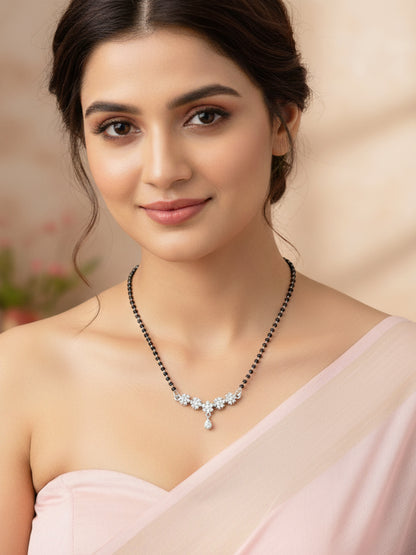 Silver Plated AD Stone Mangalsutra with Black Beads for Women