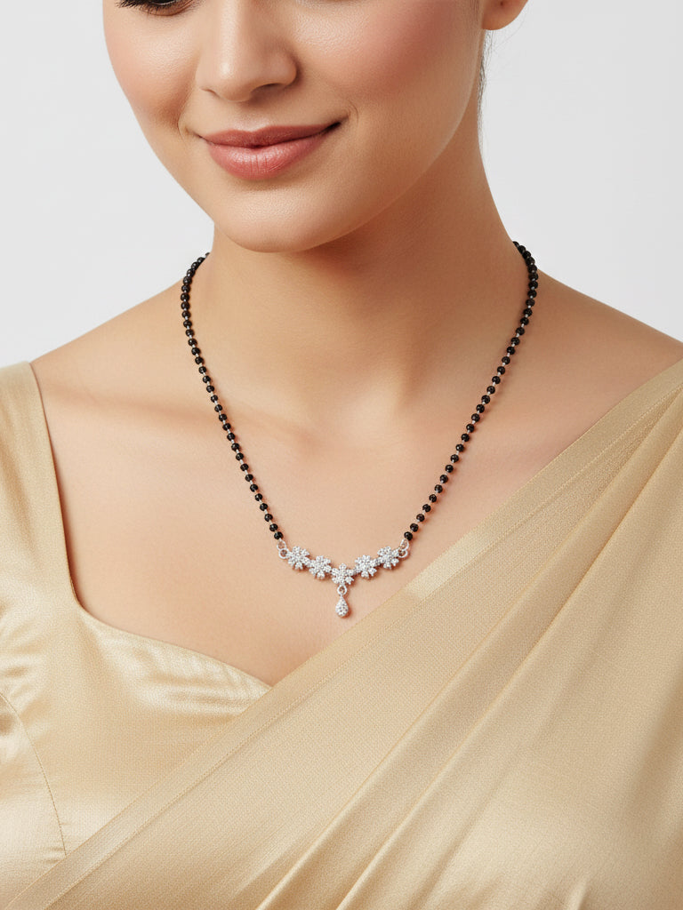 Silver Plated AD Stone Mangalsutra with Black Beads for Women