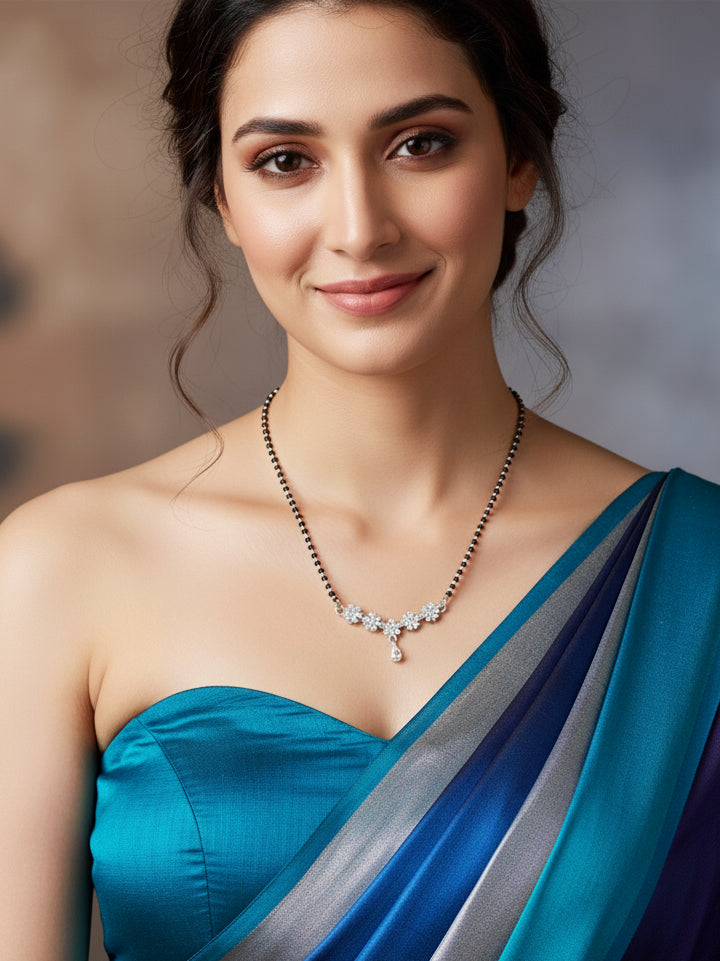 Silver Plated AD Stone Mangalsutra with Black Beads for Women