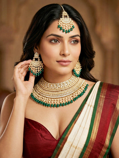 Gold Plated Kundan & Pearl Green Stone Bridal Choker Jewellery Set with Maang Tikka (1683-ISK-855-G)