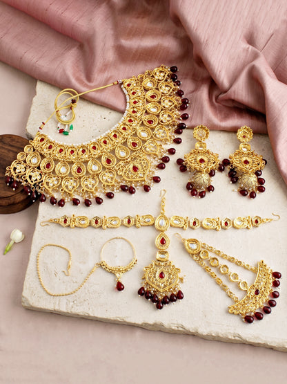 Bridal AD Maroon Stone Heavy Choker Jewellery Set with Sheesh Patti, Nath & Jhumka (3300-M8ZK-1102-M)