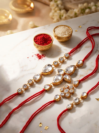 LUCKY JEWELLERY Traditional Rakhi for Brother/Bhaiya – Gold Plated Red Thread Rakshabandhan Rakhie White Stones for Bhai/Bhabhi (Pack of 4) – Fancy Rakhee Bracelet Rakshasutra (159-L1R1-02-W-4-2026)