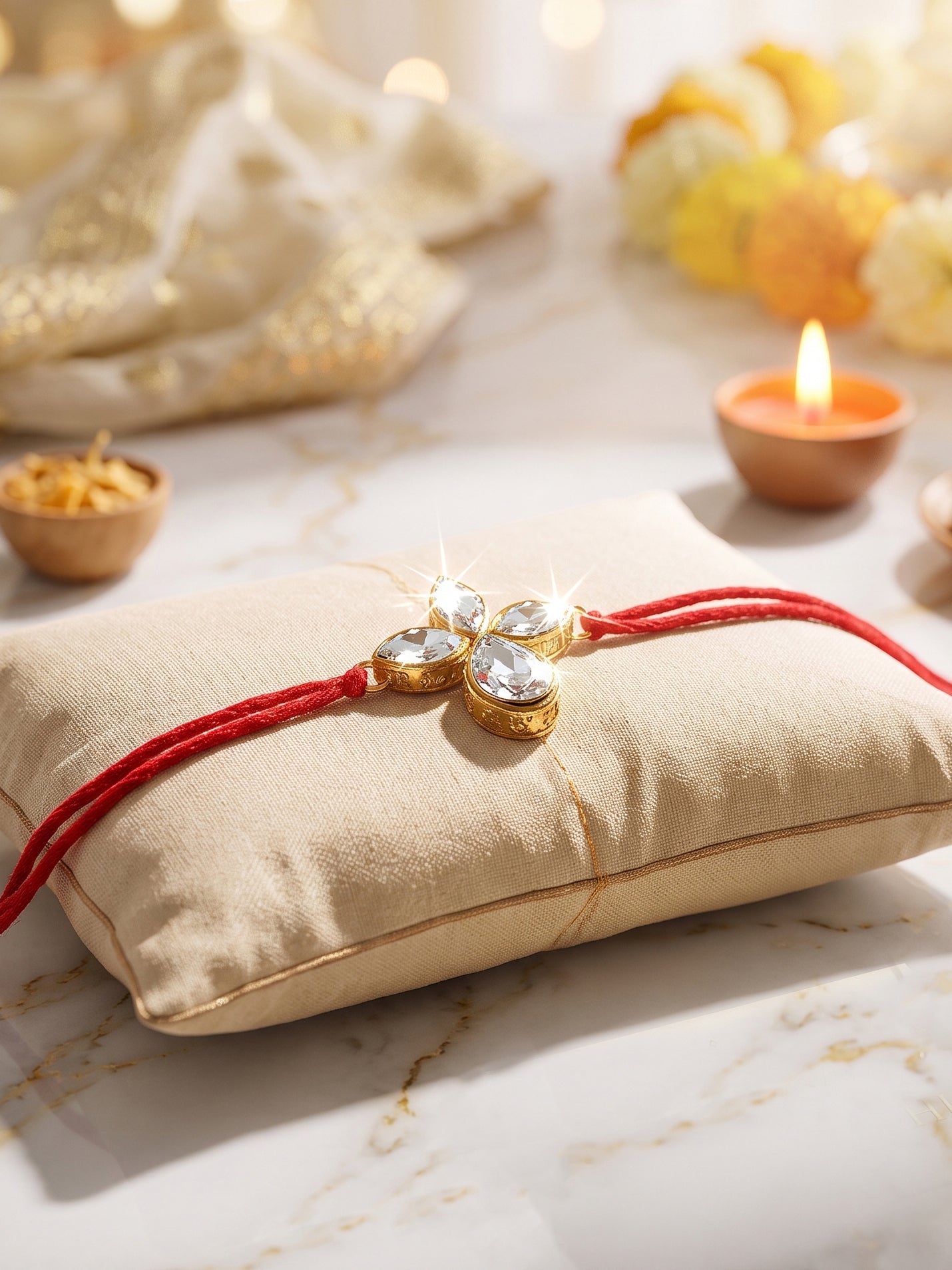 LUCKY JEWELLERY Traditional Rakhi for Brother/Bhaiya – Gold Plated Red Thread Rakshabandhan Rakhie in White Stones for Bhai/Bhabhi (Pack of 2) – Fancy Rakhee Rakshasutra (152-L1R1-06-10-W-2-2026)