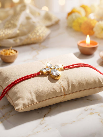 LUCKY JEWELLERY Traditional Rakhi for Brother/Bhaiya – Gold Plated Red Thread Rakshabandhan Rakhie in White Stones for Bhai/Bhabhi (Pack of 2) – Fancy Rakhee Rakshasutra (152-L1R1-06-10-W-2-2026)