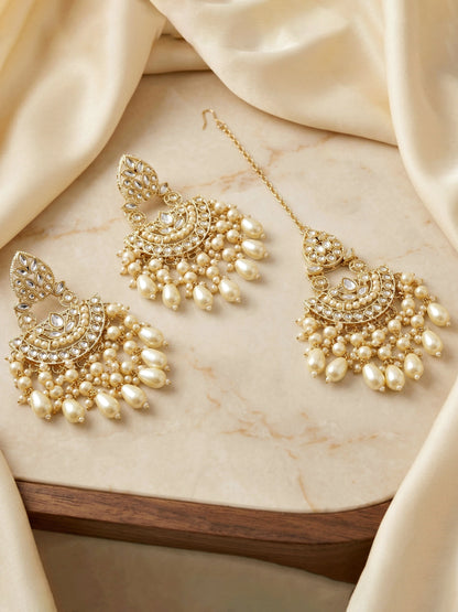 Gold Plated Kundan & Pearl White Stone Bridal Choker Jewellery Set with Maang Tikka (1683-ISK-855-W)